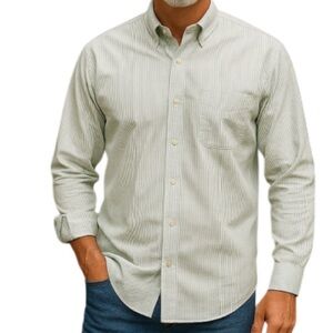 BROOKS BROTHERS Mens Button Down Dress Shirt White Blue Grey Stripe Regular 17